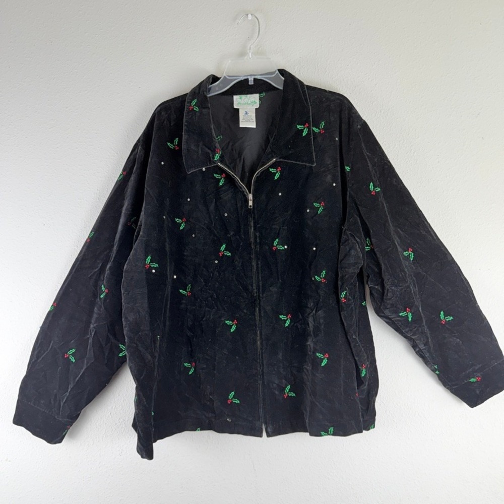 Quacker Factory Velvet Zip Jacket 3X Black Holly Berry Christmas Holiday Vintage